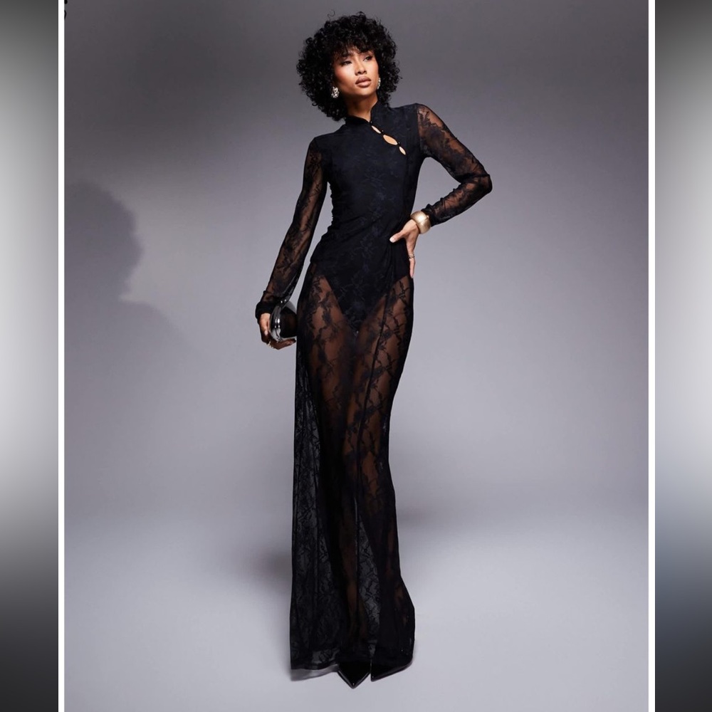 ASOS Black Sheer Lace Maxi Dress | Mandarin Collar | NWT